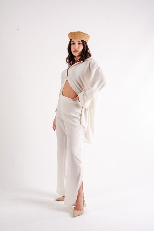 Ekru Yırtmaçlı Oversize Takım
