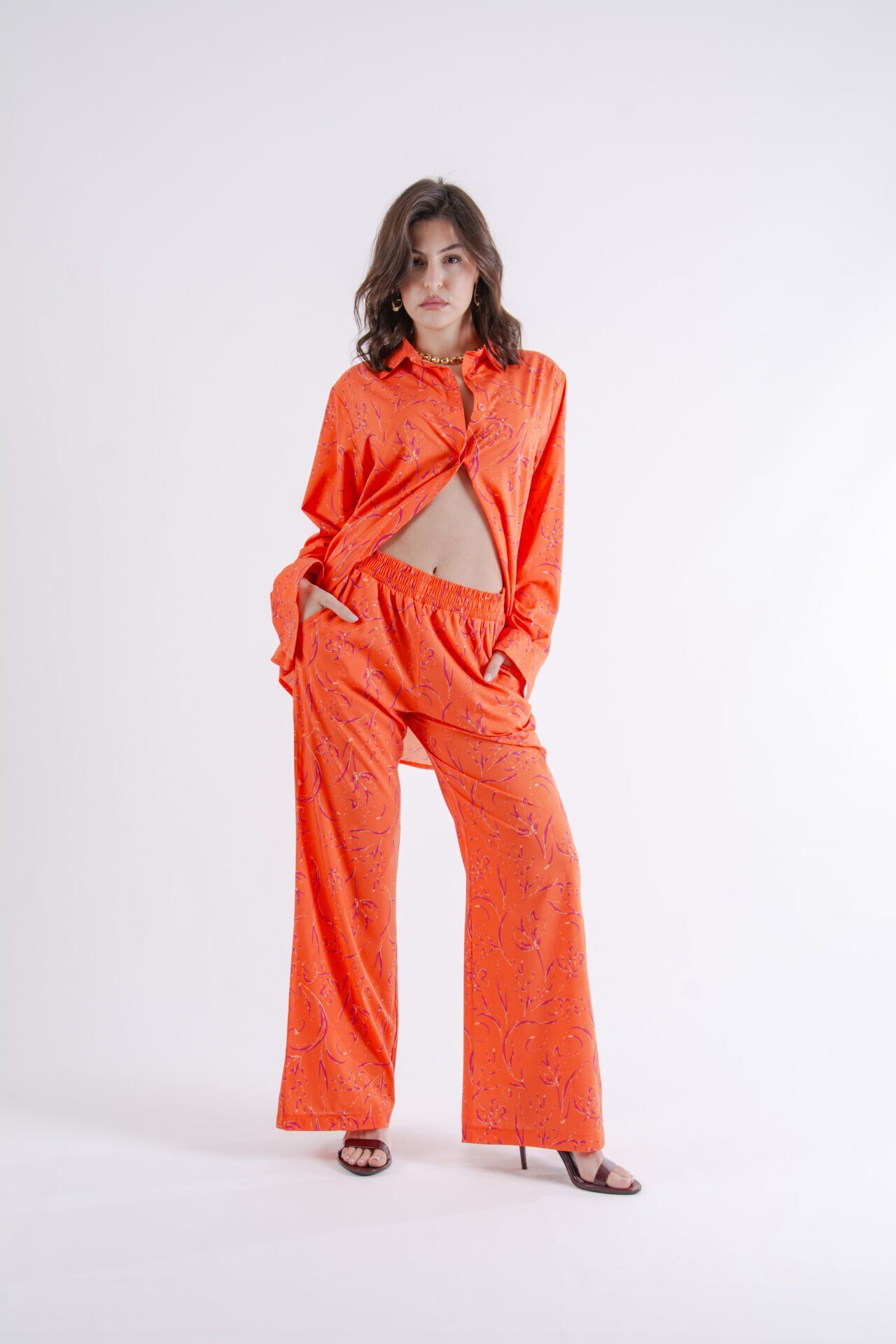 Turuncu Floral Oversize Takım S-M